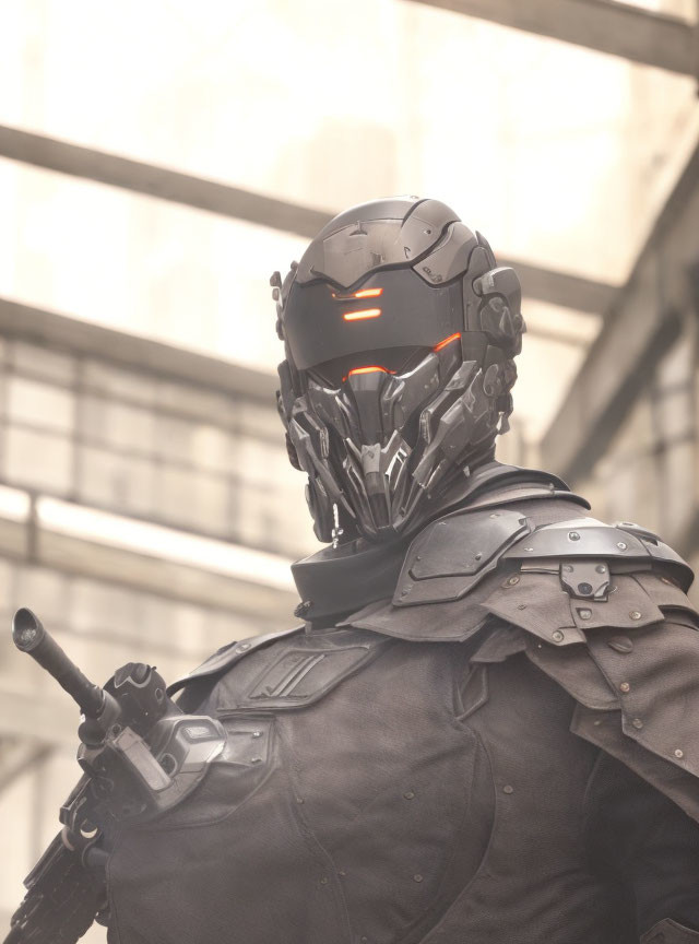 Futuristic armored suit with glowing red eyes in urban setting