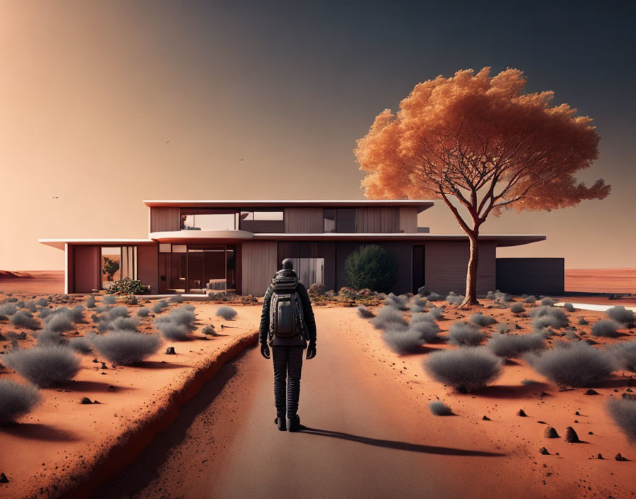 Spacesuited Figure near Modern Desert House & Tree