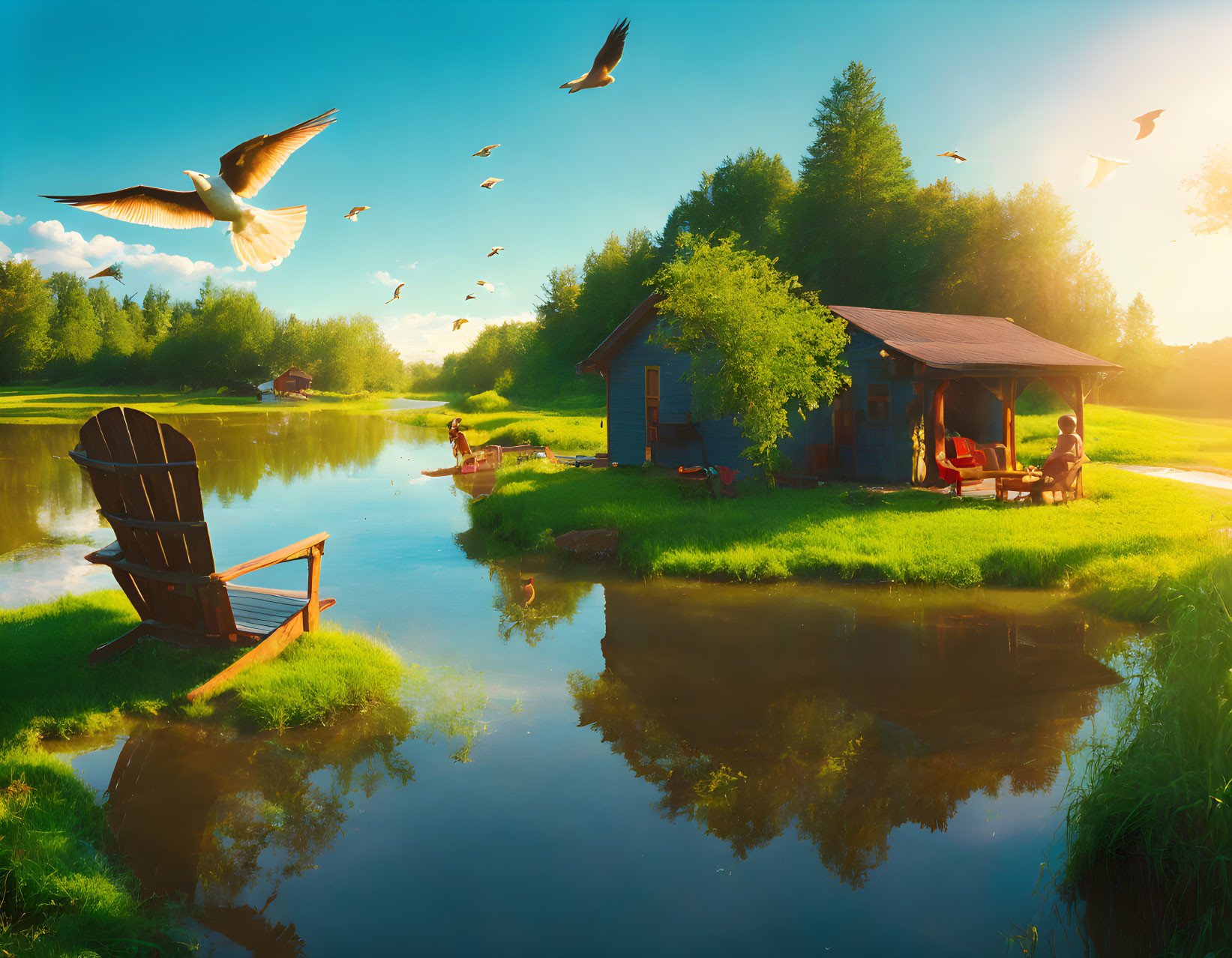 Tranquil lakeside scene with cabin, chair, fishing boat, and birds