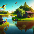 Tranquil lakeside scene with cabin, chair, fishing boat, and birds