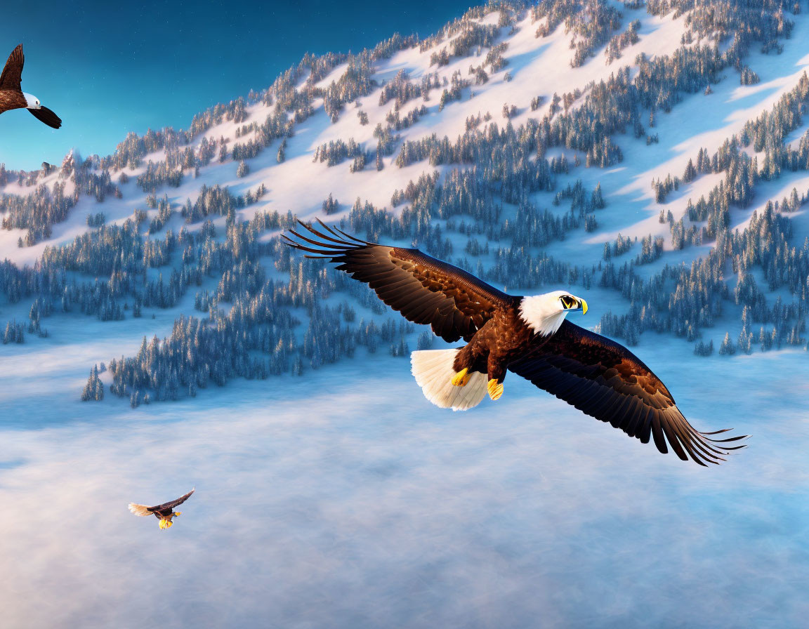 Three eagles soar over snowy mountain at sunrise.