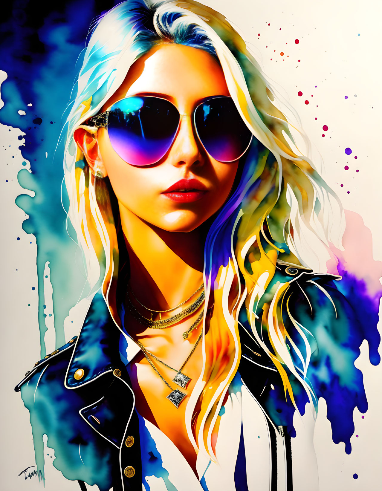 Colorful digital artwork: Woman with multicolored hair, sunglasses, and paint splash.