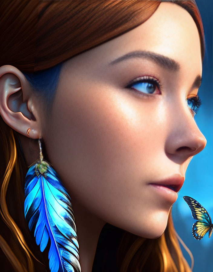 Woman with blue feather earring, butterfly, and red hair on blue background