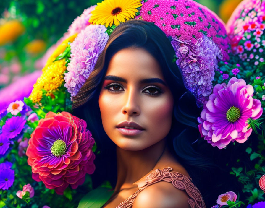 Dark-Haired Woman Surrounded by Colorful Flowers