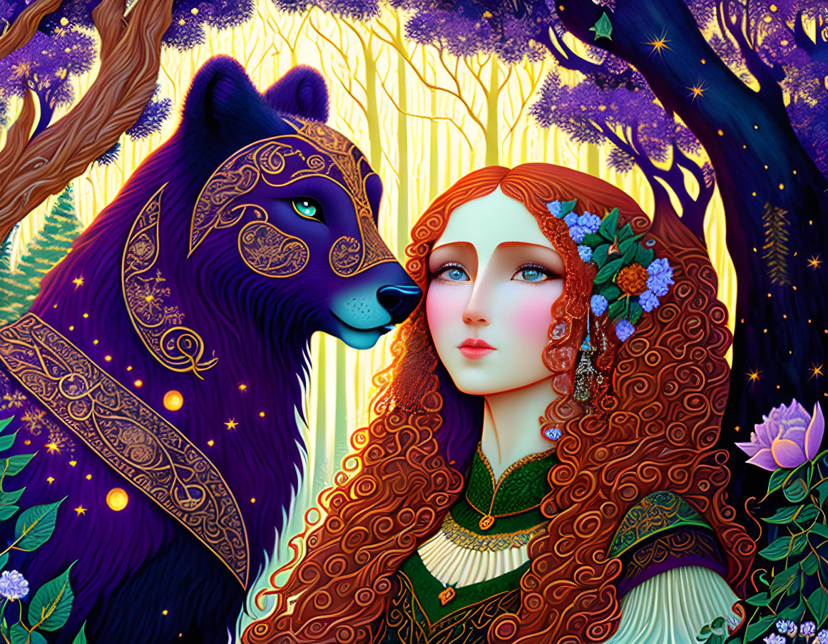 Illustrated woman with red hair and wolf in mystical forest scene