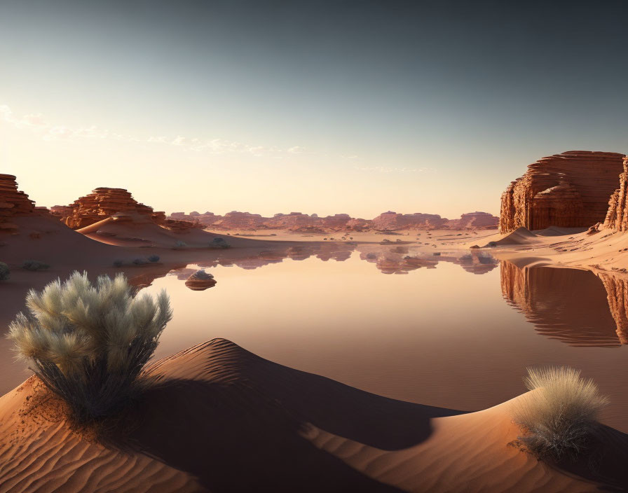 Tranquil desert landscape with golden sand dunes and serene lake