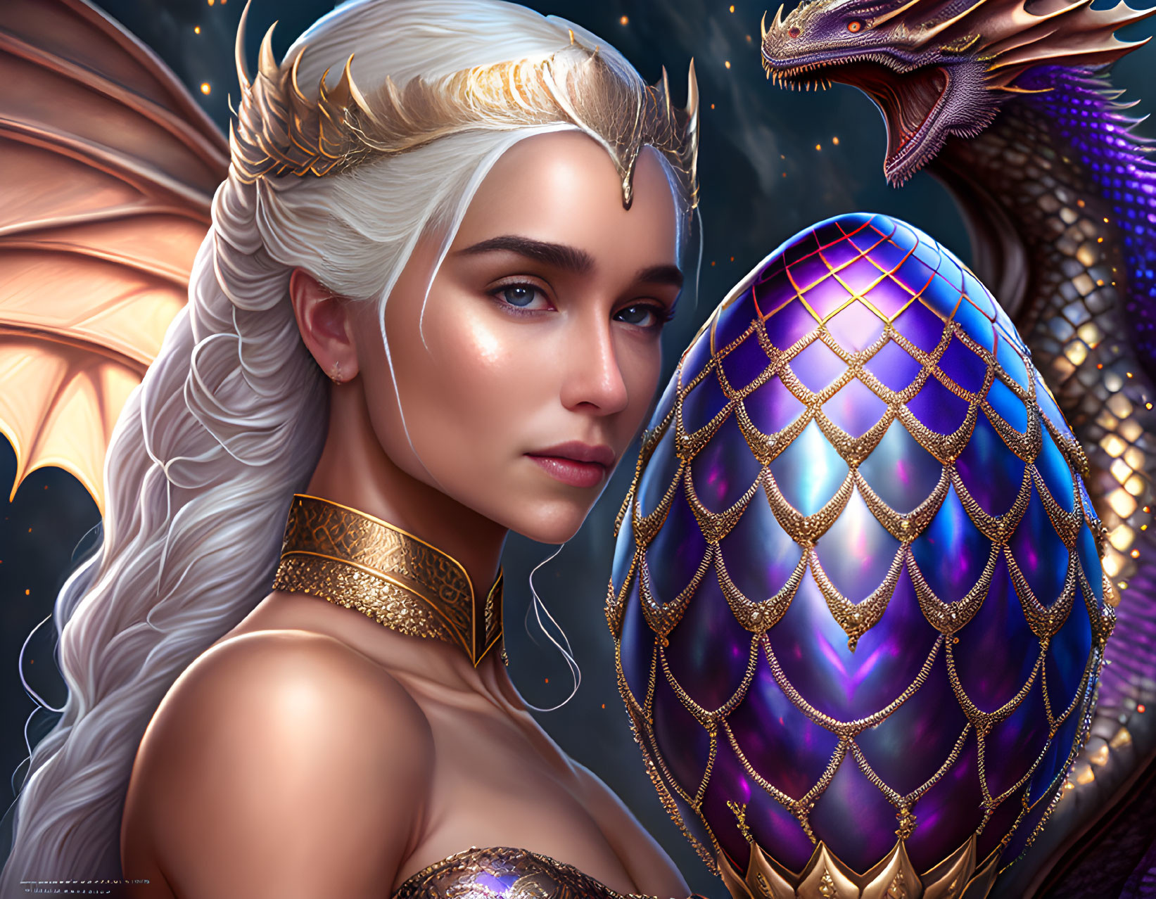 Regal woman with crown and dragon in starlit setting