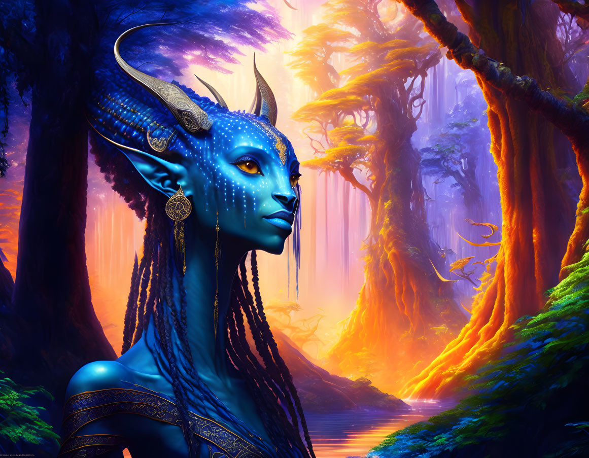 Blue-skinned alien humanoid in ethereal forest setting