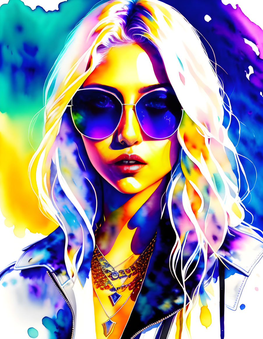 Colorful digital portrait of a person with white hair, purple sunglasses, and leather jacket.