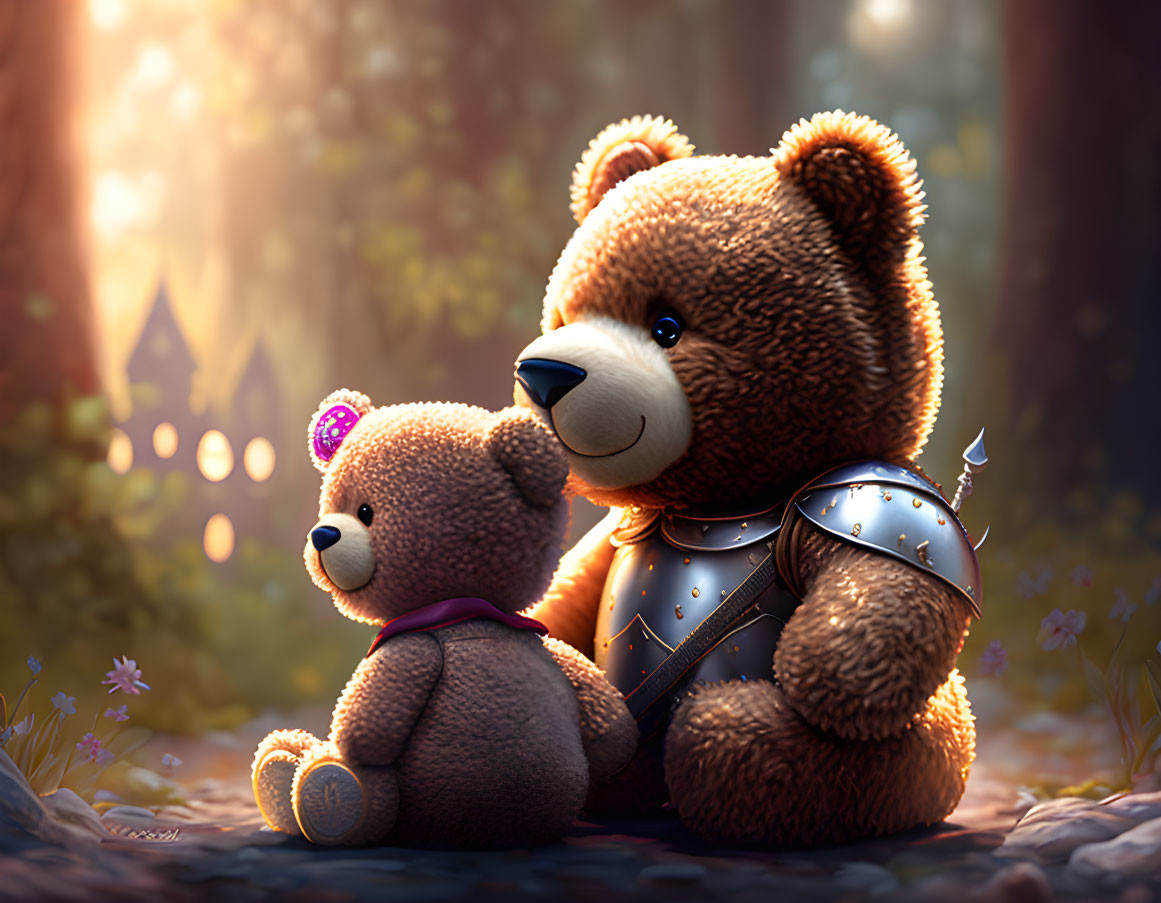 Large Teddy Bear in Knight's Armor Beside Smaller Bear in Sunlit Forest