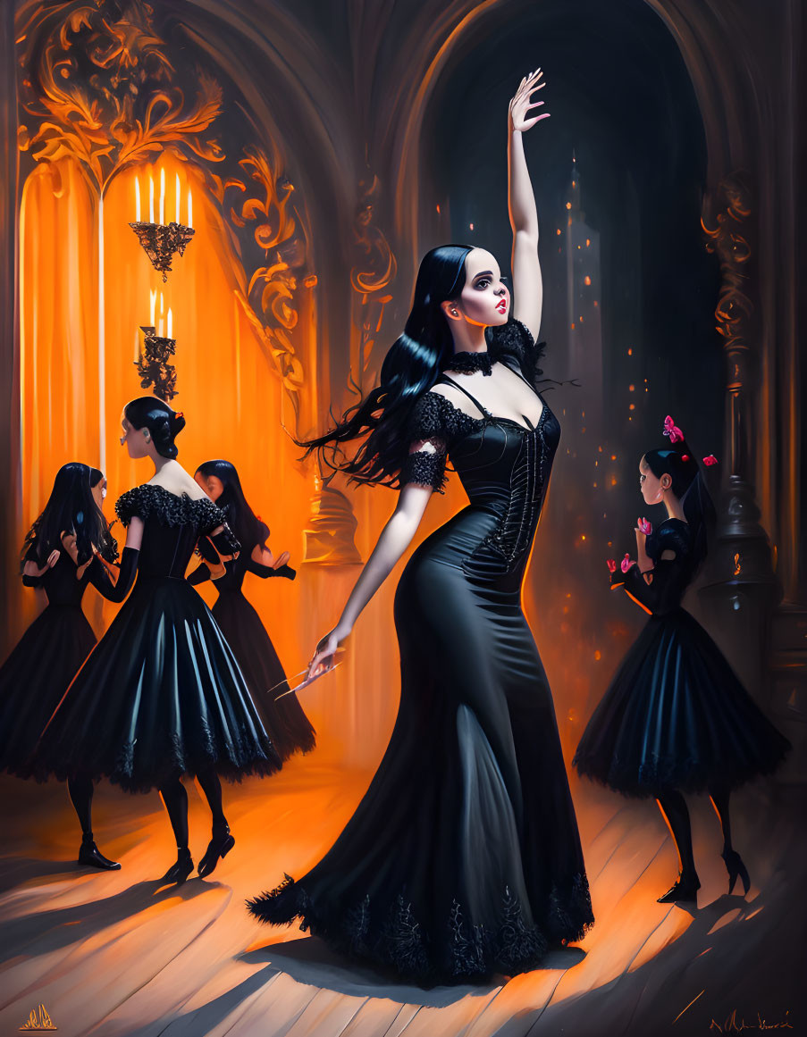 Elegant woman in black dress in luxurious ballroom with young girls in similar attire