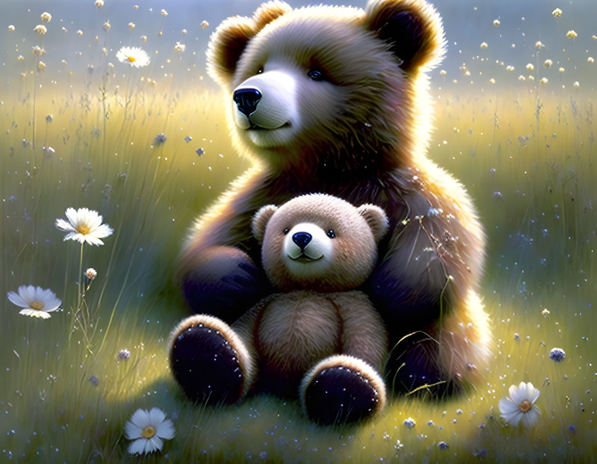 Illustration: Two teddy bears in sunlit field with flowers