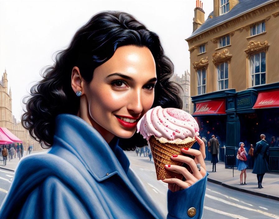 Smiling woman with ice cream cone in city setting wearing blue coat