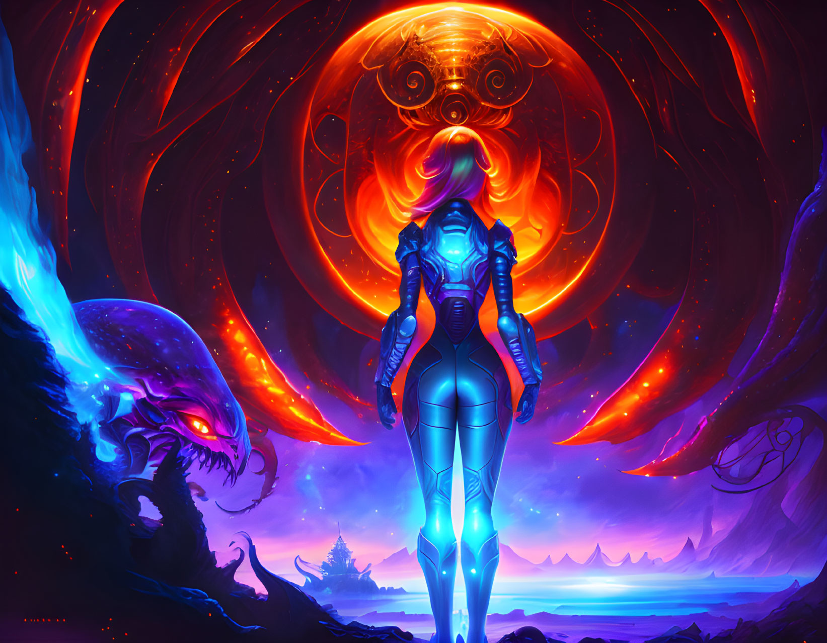 Sci-fi scene: Figure in blue suit, orange vortex, celestial eyes, dragon-like creatures, star