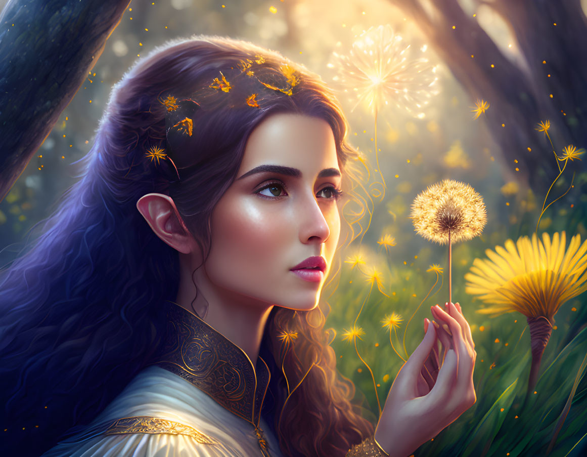 Elven woman in sunlit forest touching dandelion seeds