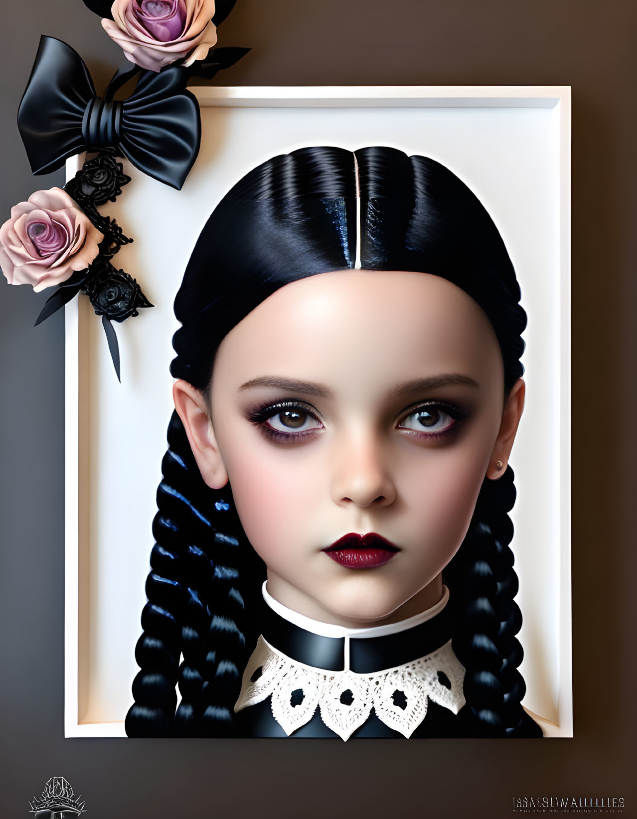 Digital portrait of a girl with pale skin and dark hair in braids, wearing a black bow and