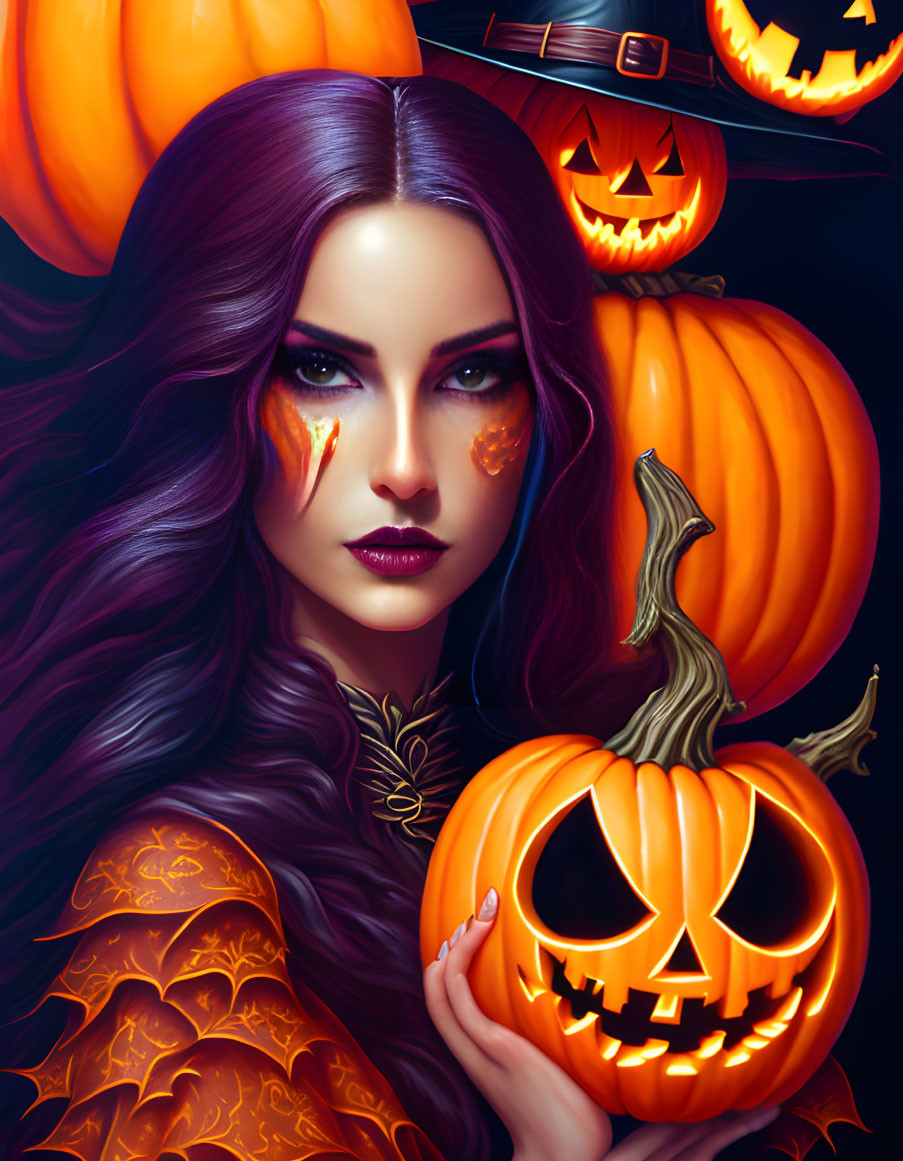 Purple-haired woman with Halloween makeup among carved pumpkins and glowing jack-o'-lantern