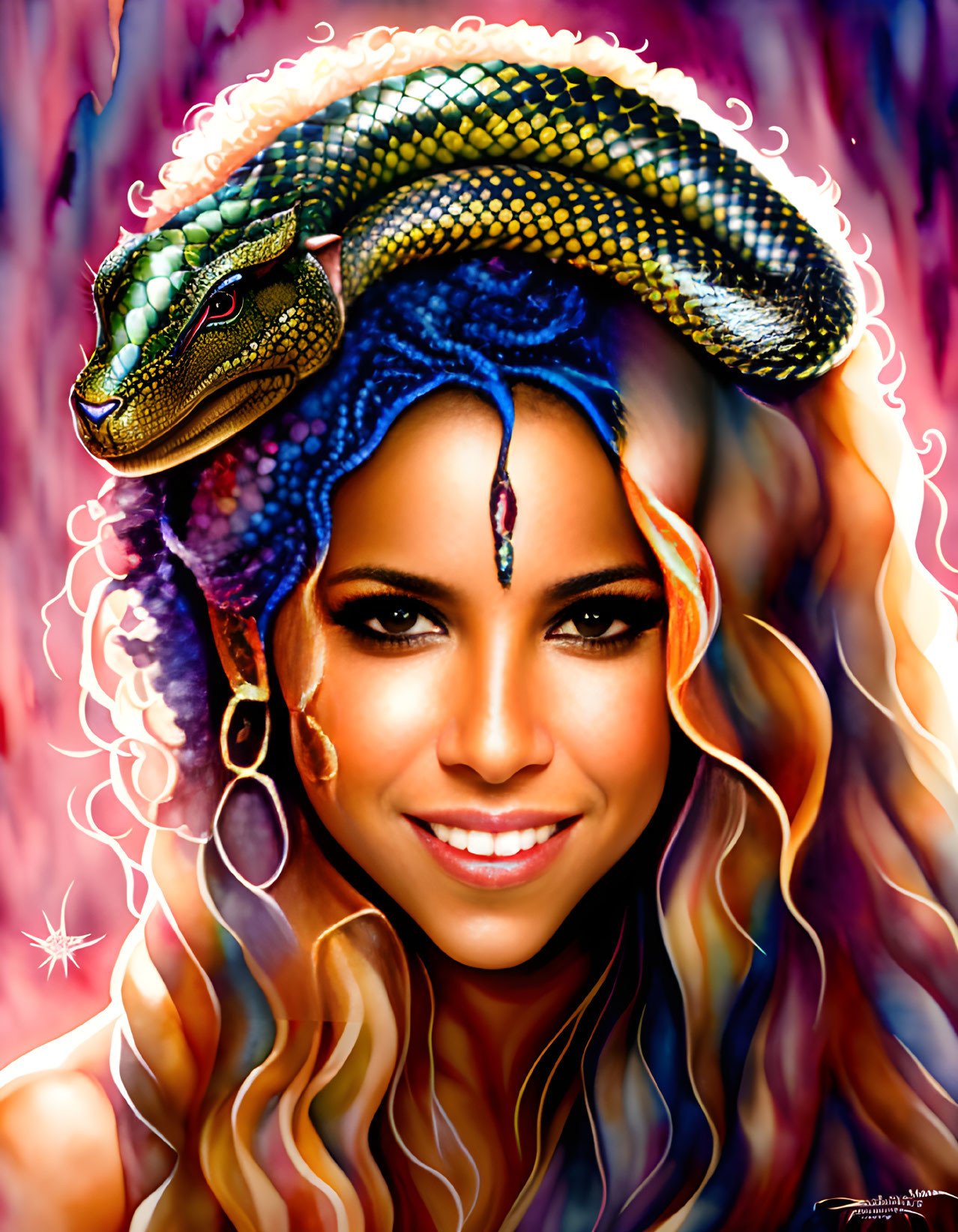 Colorful portrait of woman with jeweled snake, warm tones and mystical vibe