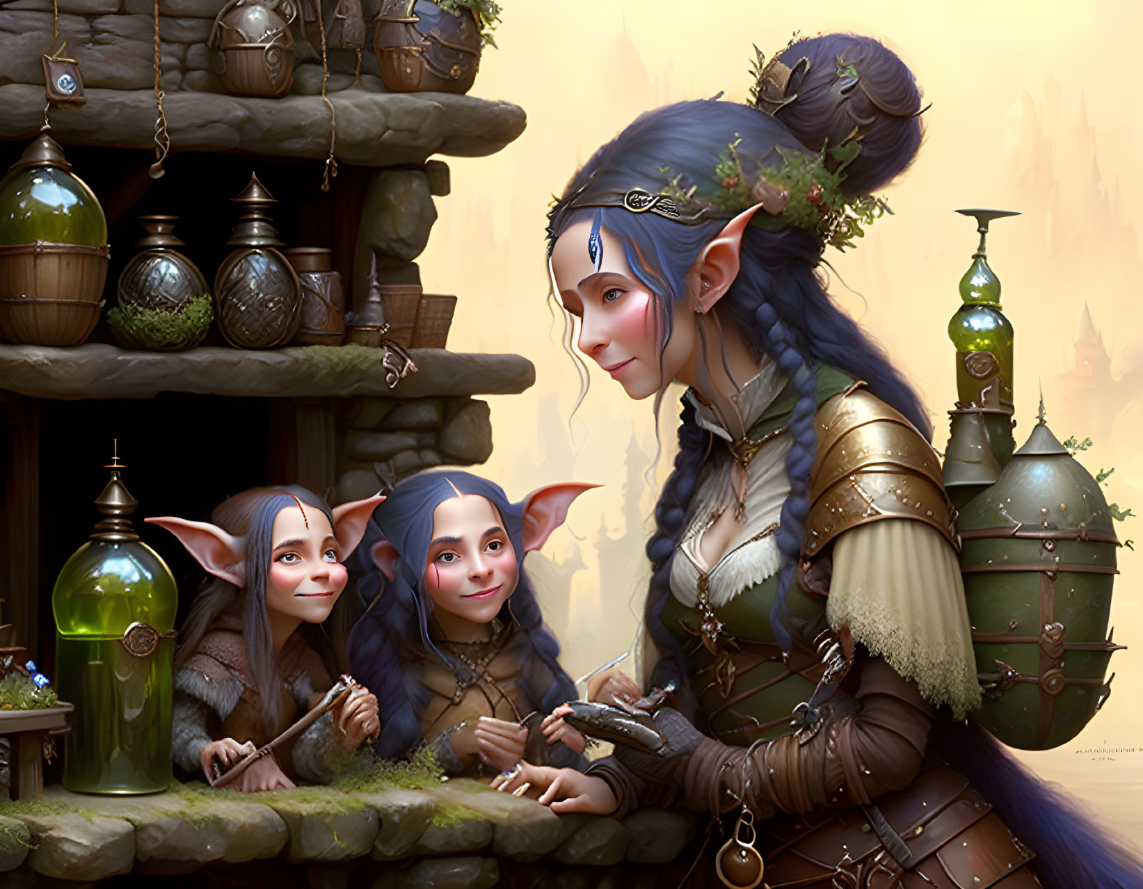 Fantasy elf woman with children in medieval village setting