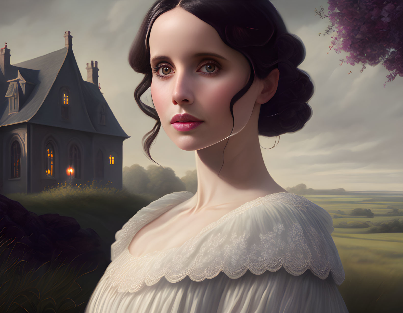 Dark-haired woman in Victorian dress near mansion at dusk.