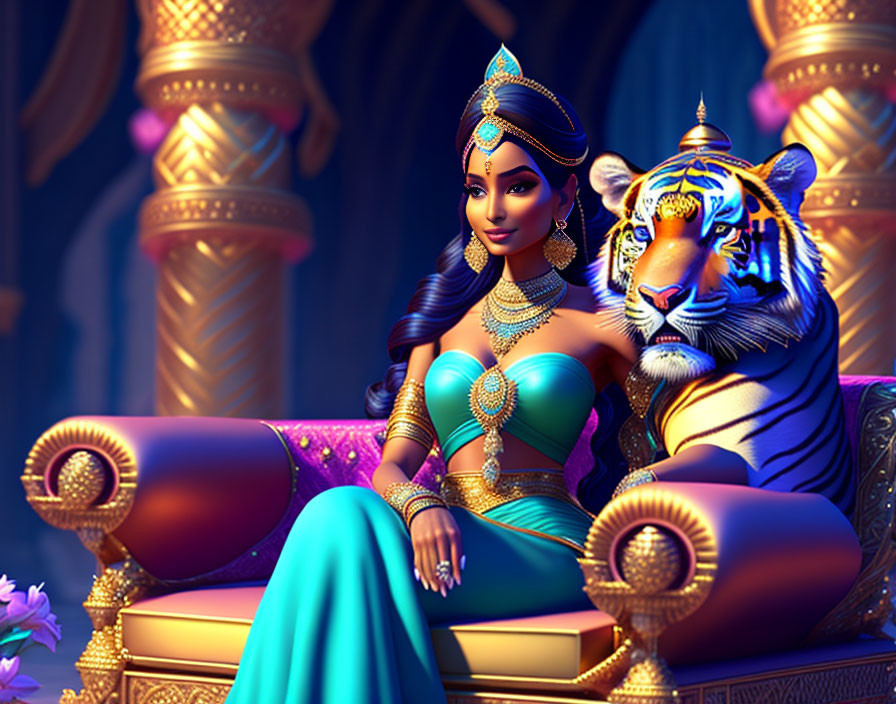 Regal woman and tiger in blue attire on luxurious couch