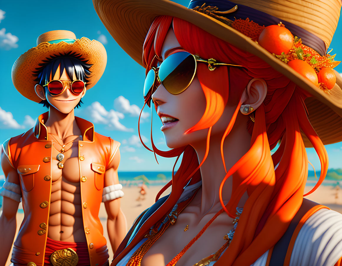 Vibrant 3D illustration of two characters on sunny beach