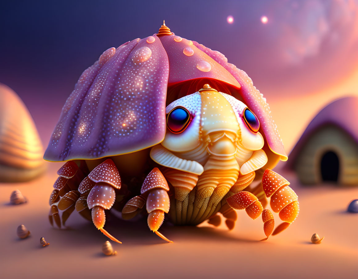 Colorful Hermit Crab with Mushroom Shell in Shell-shaped Village at Dusk