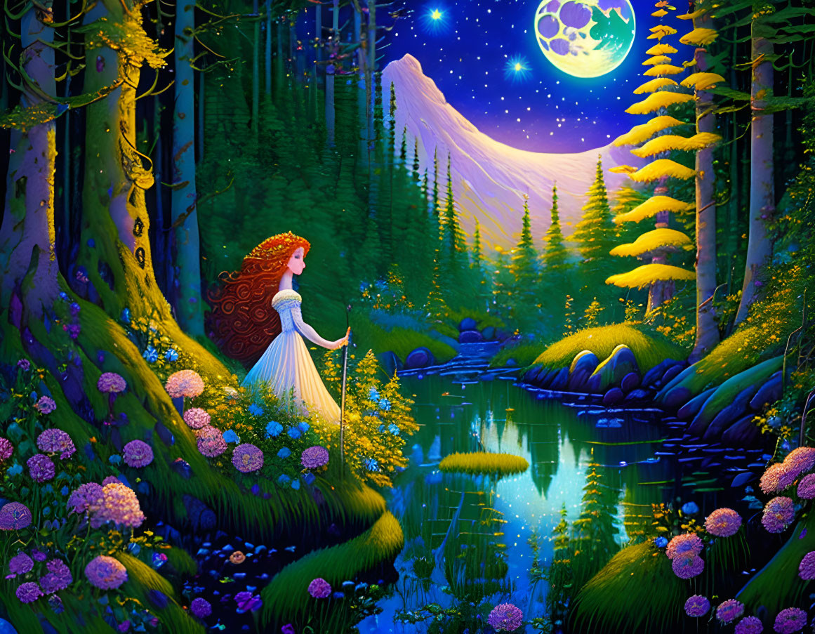 Woman in white dress by forest stream under full moon