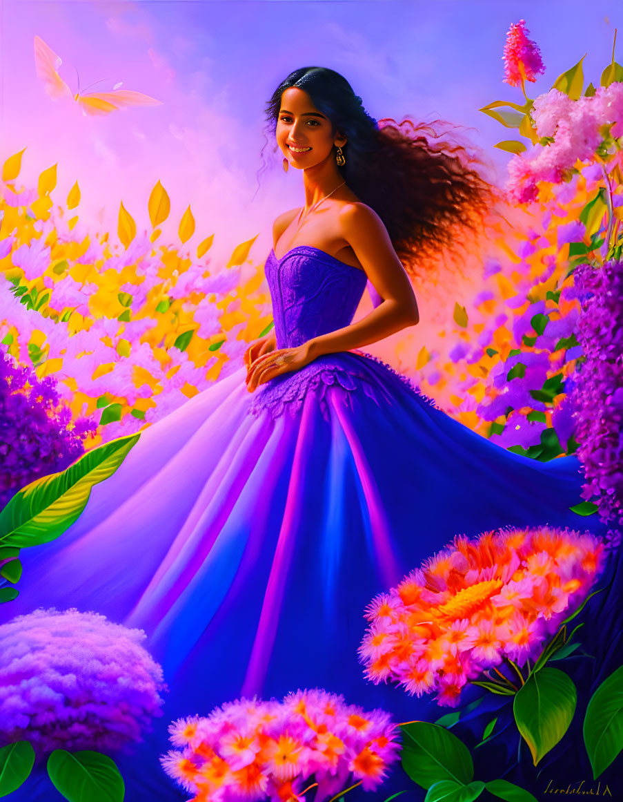 Smiling woman in blue gown surrounded by flowers and butterflies