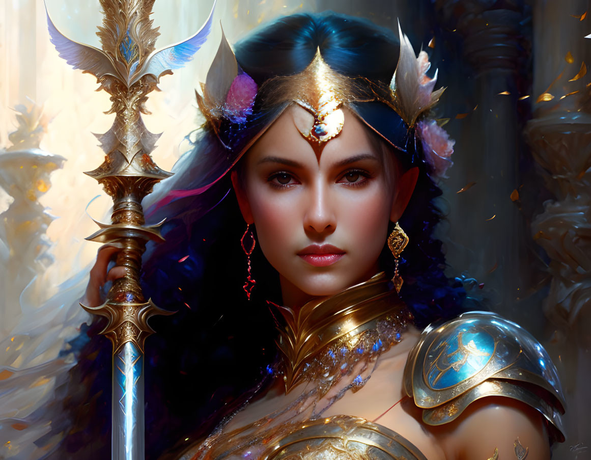 Fantasy warrior woman digital art portrait with elaborate headgear and armor.