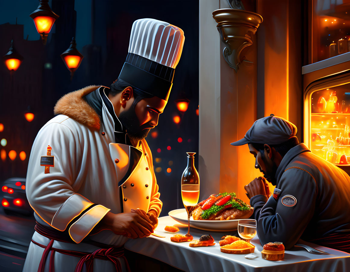 Street-side evening dining scene with chef and diner, vehicles and glowing lights in background.