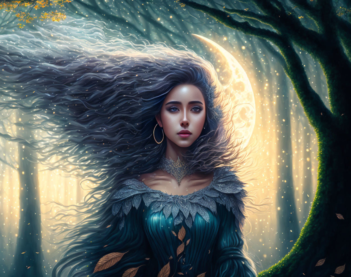 Ethereal woman in ornate gown by enchanted moonlit tree