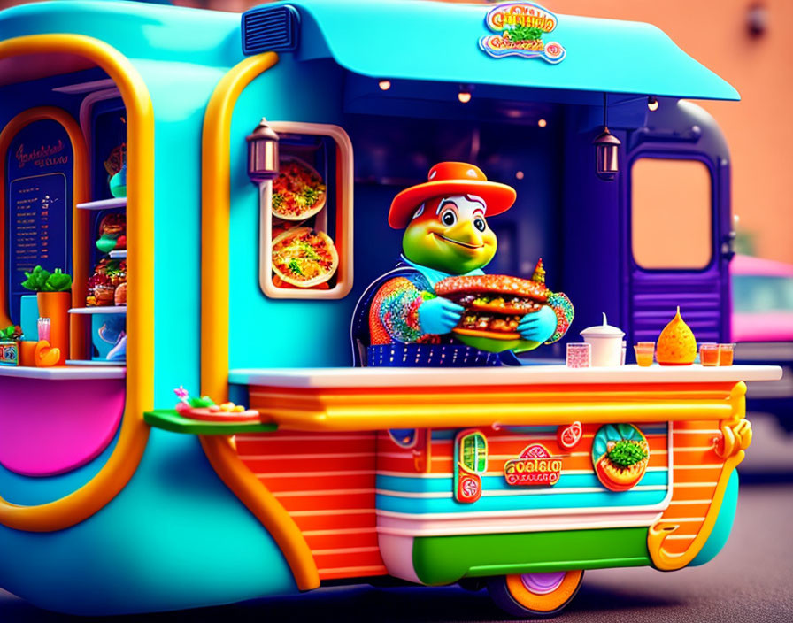 Colorful food truck illustration with cartoon character holding burger