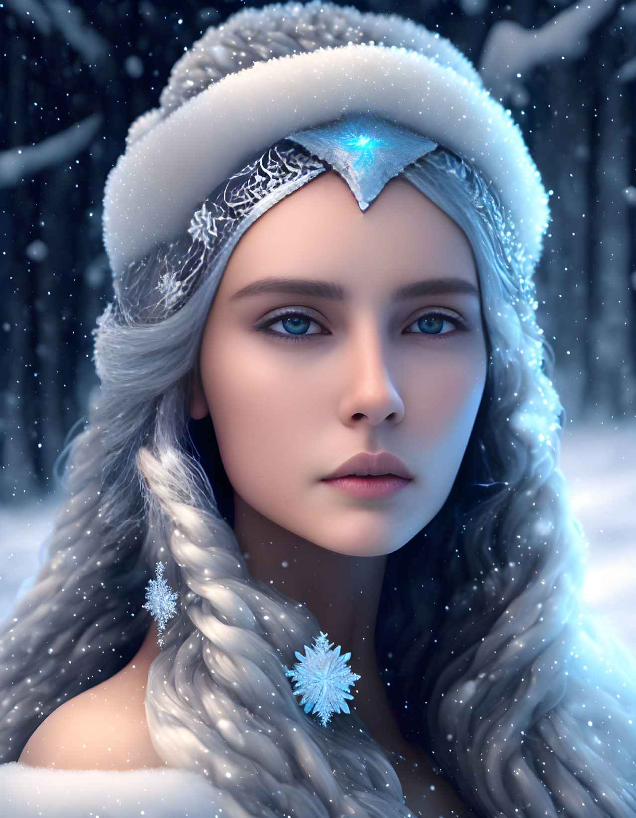 Blue-eyed woman in white fur hat with gemstone tiara against snowy background