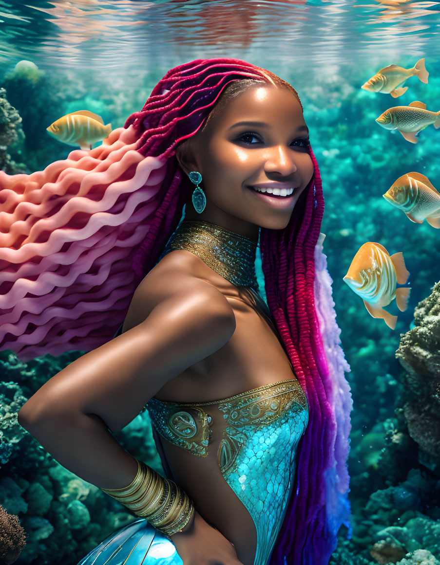 Smiling woman with pink braided hair in mermaid attire underwater with fish and coral