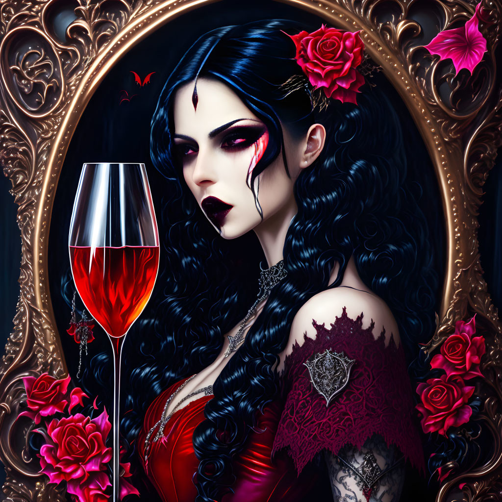 Gothic-style female figure with black hair and red makeup in ornate golden frame