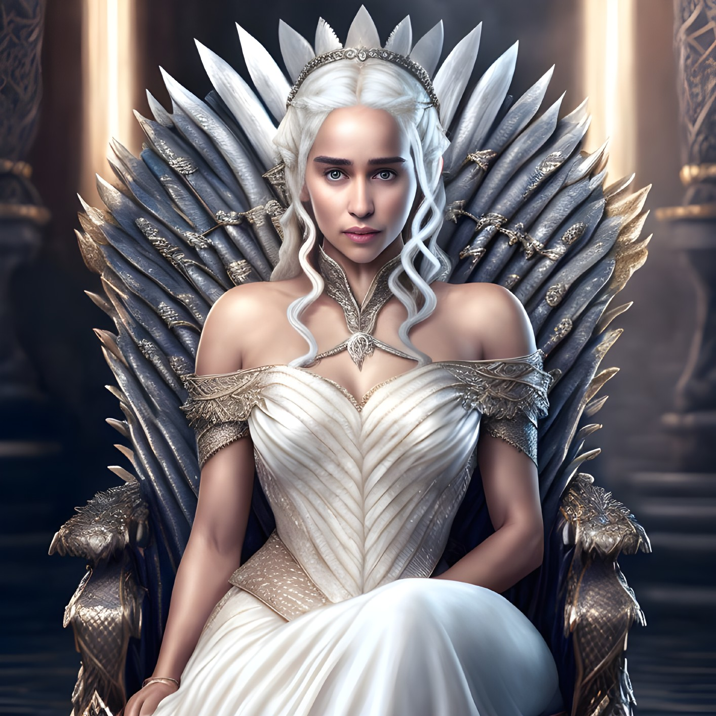 Digital Artwork: Pale Woman in White and Gold Gown on Dragon-Themed Throne