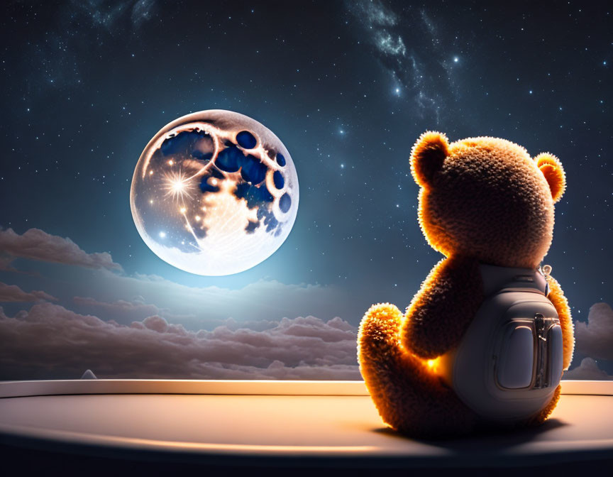 Teddy bear looking at luminous moon in starry night sky