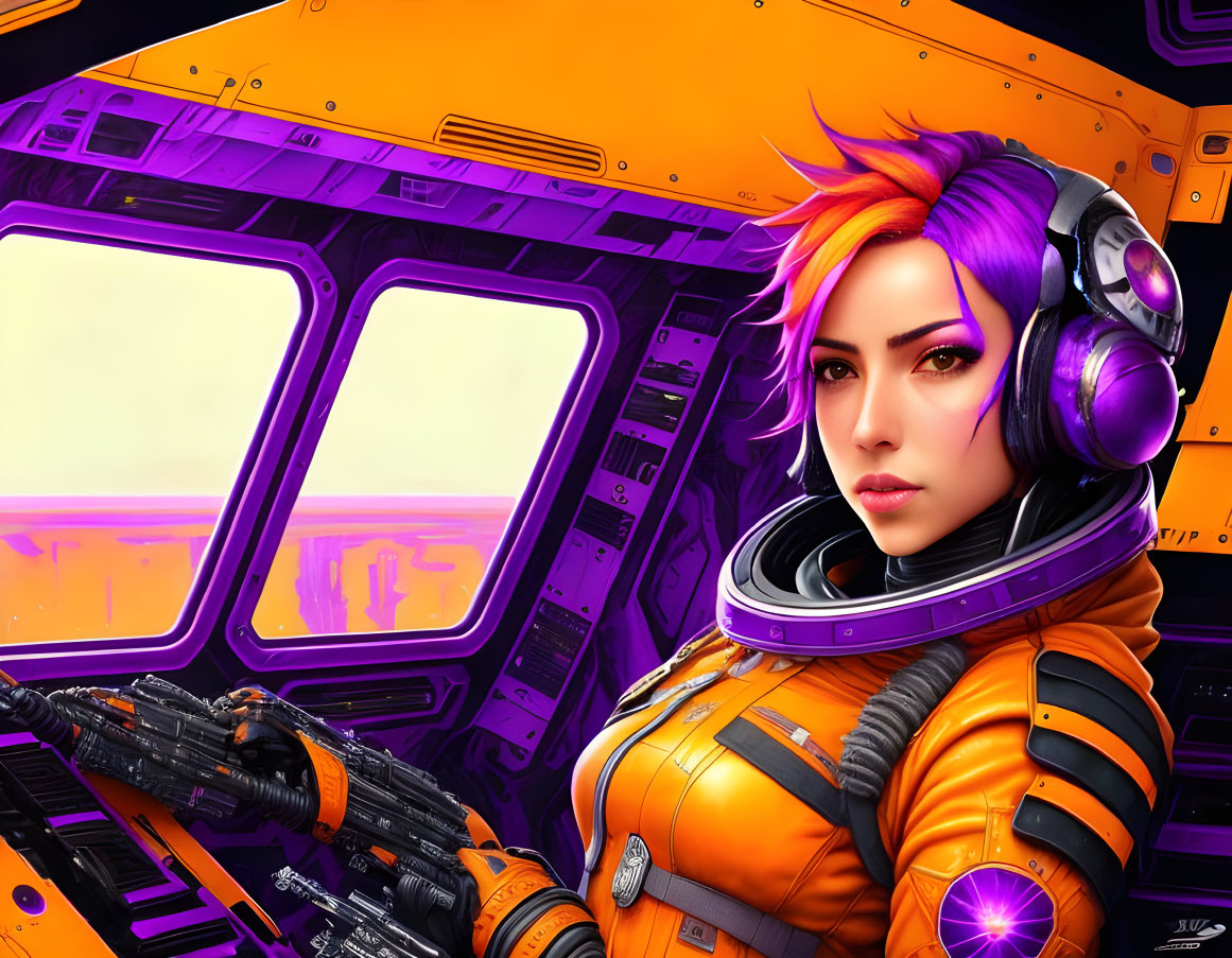 Female astronaut in orange spacesuit with purple hair and futuristic gun in spacecraft.