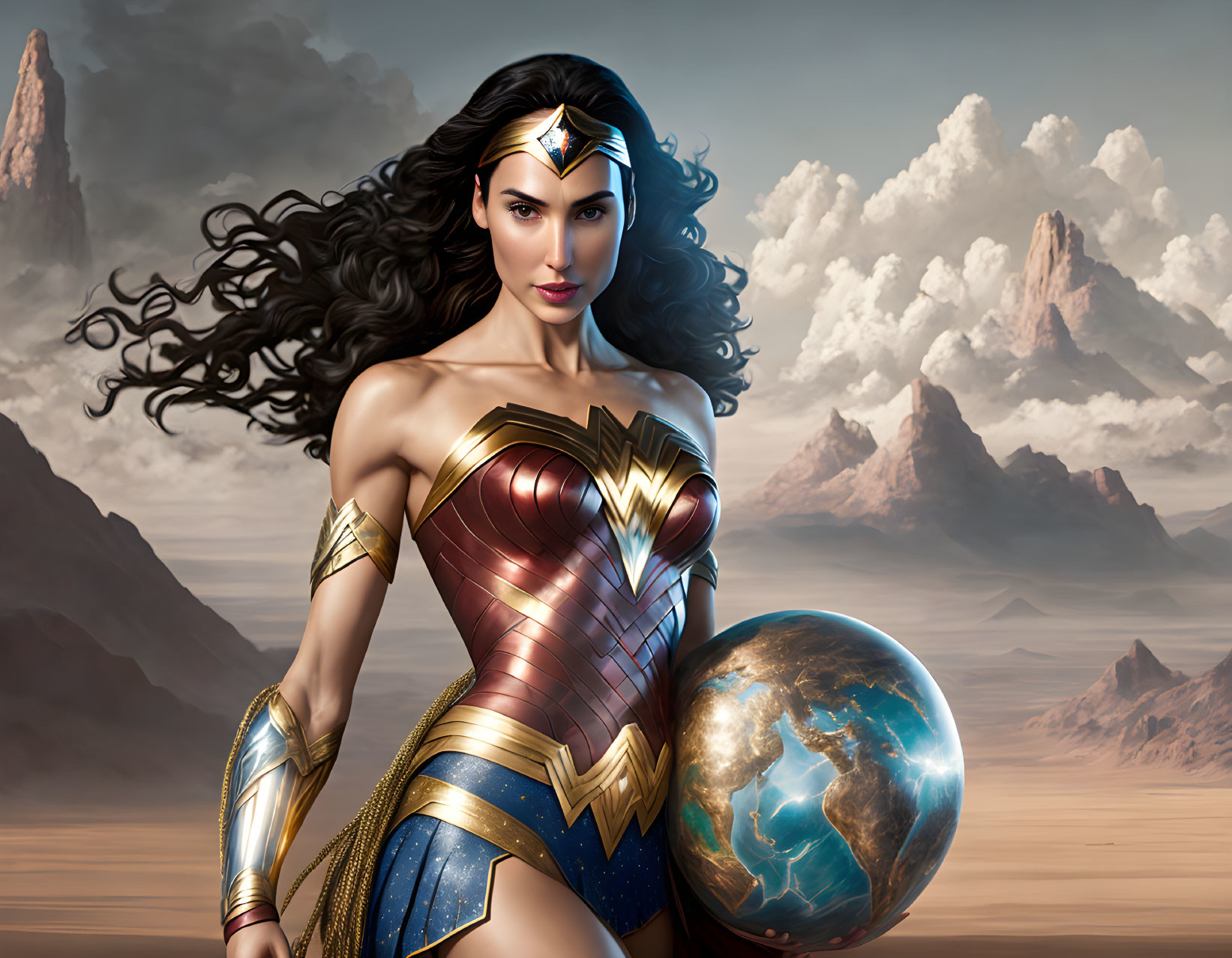 Female superhero with tiara holding Earth in desert backdrop