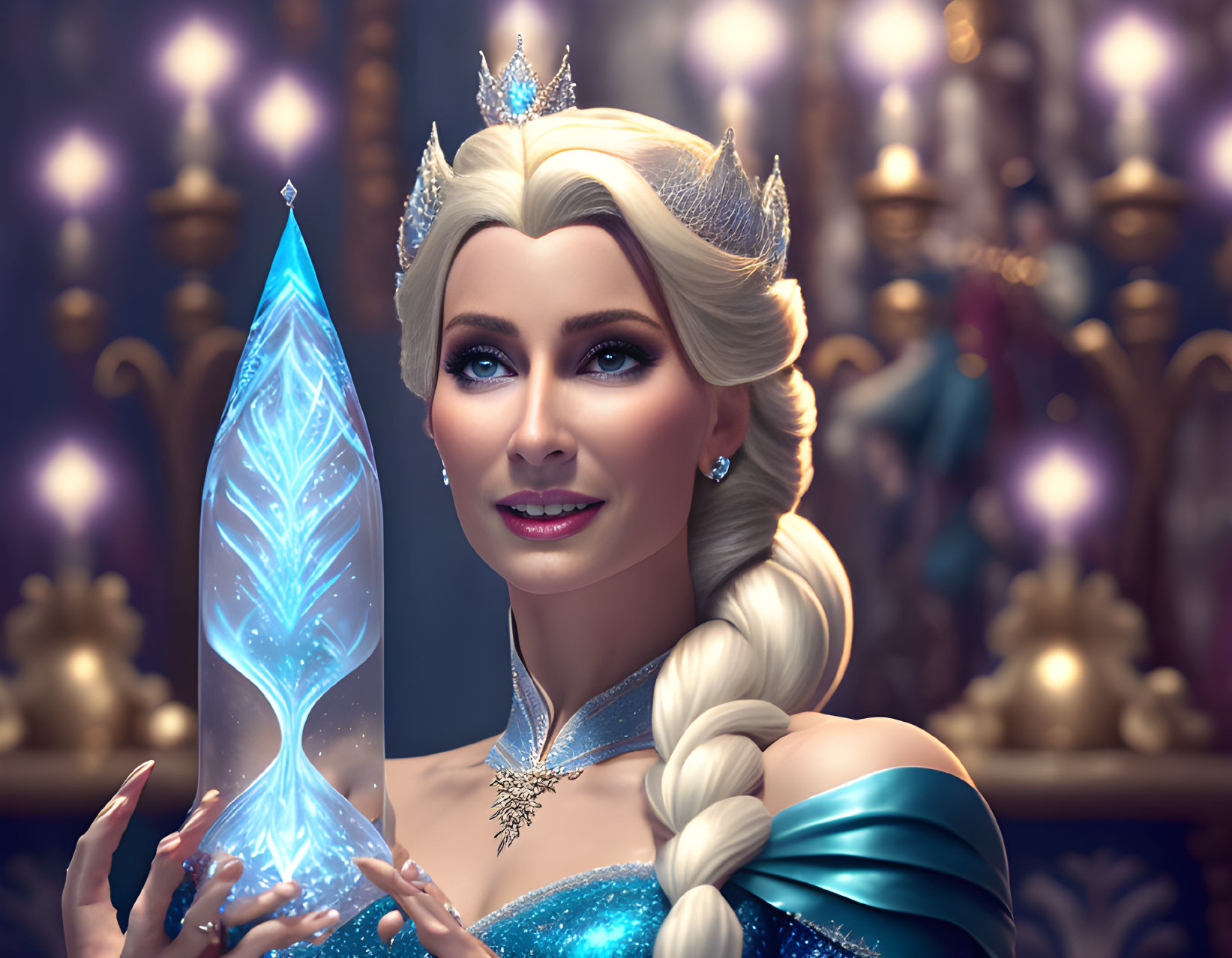 Regal woman in blue gown holding ice crystal