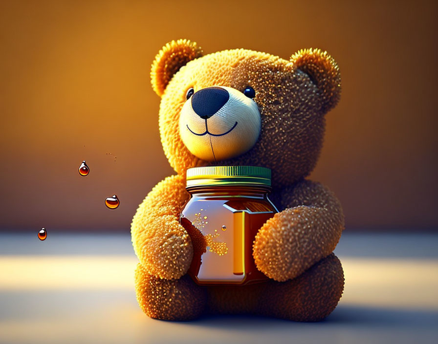 Plush teddy bear with honey jar and droplets on warm background