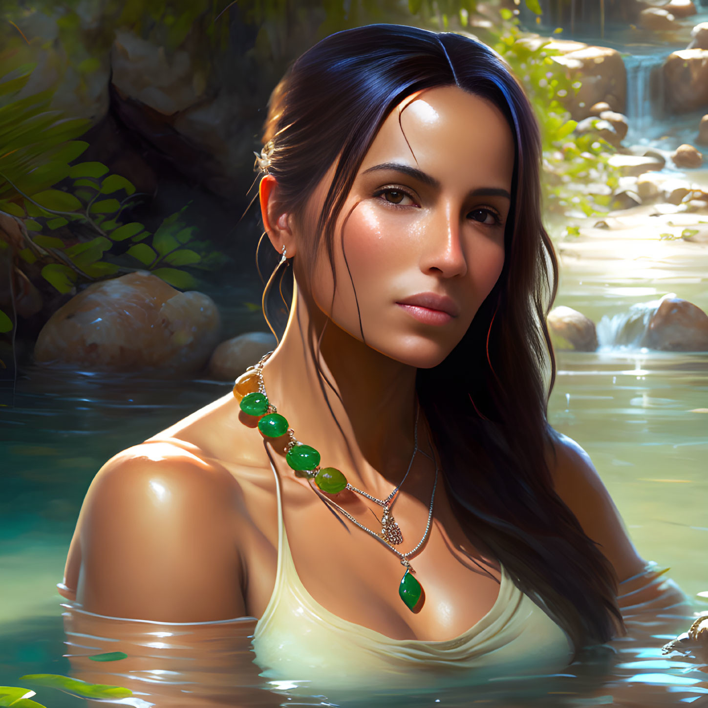 Digital portrait of woman with long dark hair and earrings in water with forest background