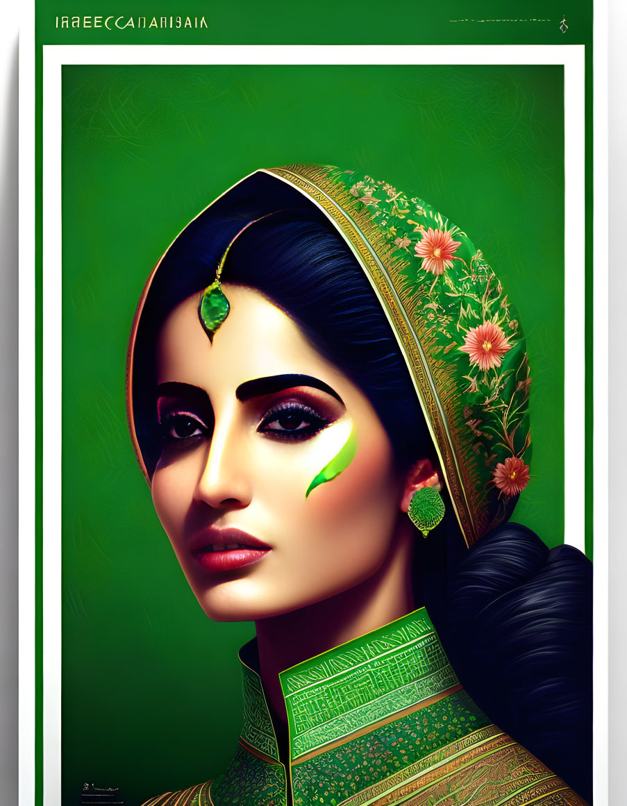 Digital portrait of woman in ornate green dress with traditional Indian look