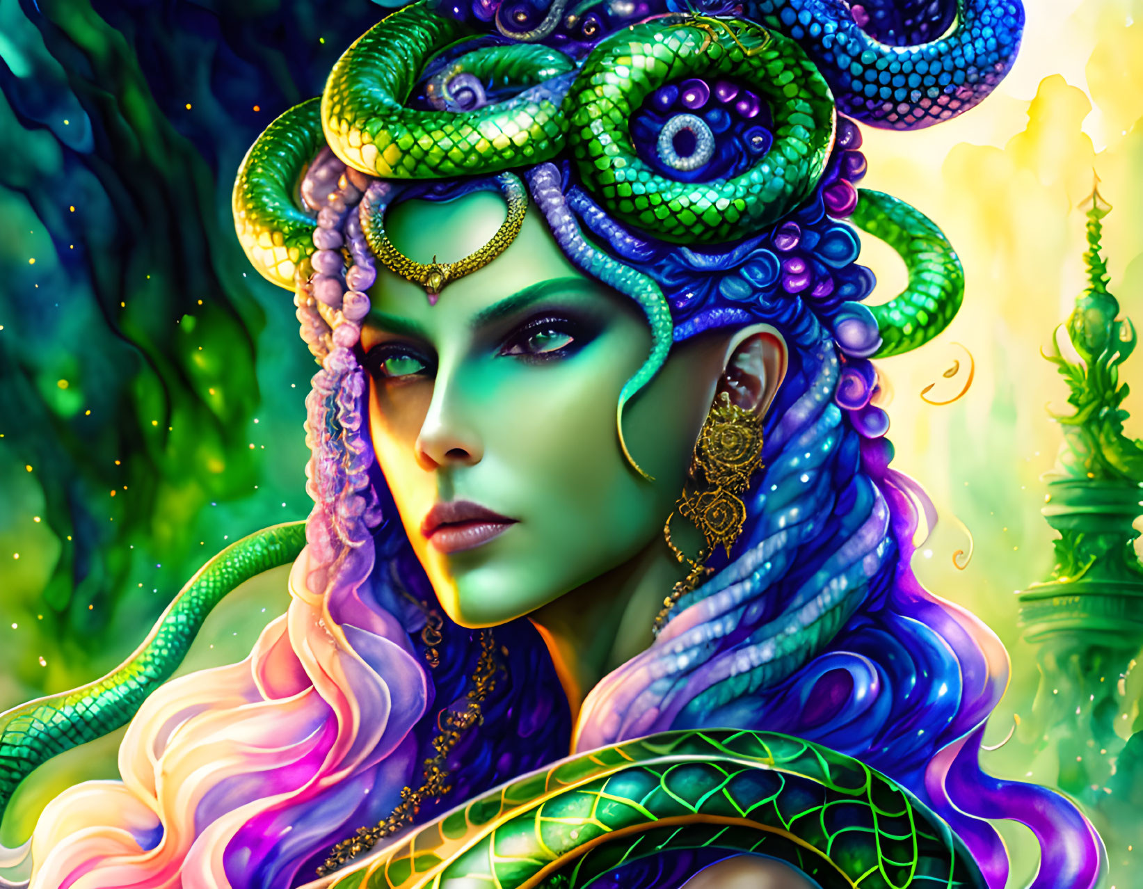 Colorful artwork: Woman with green skin, purple hair, snake motifs, mystical forest.