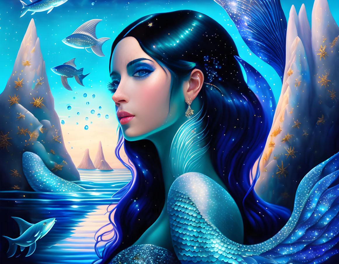 Surreal illustration of woman with blue hair and fish scales in aquatic fantasy scene