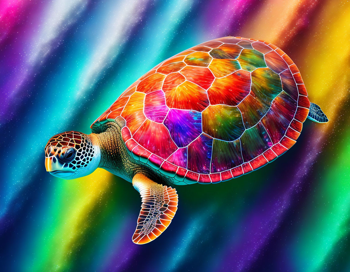 Colorful Sea Turtle Swimming in Rainbow Background