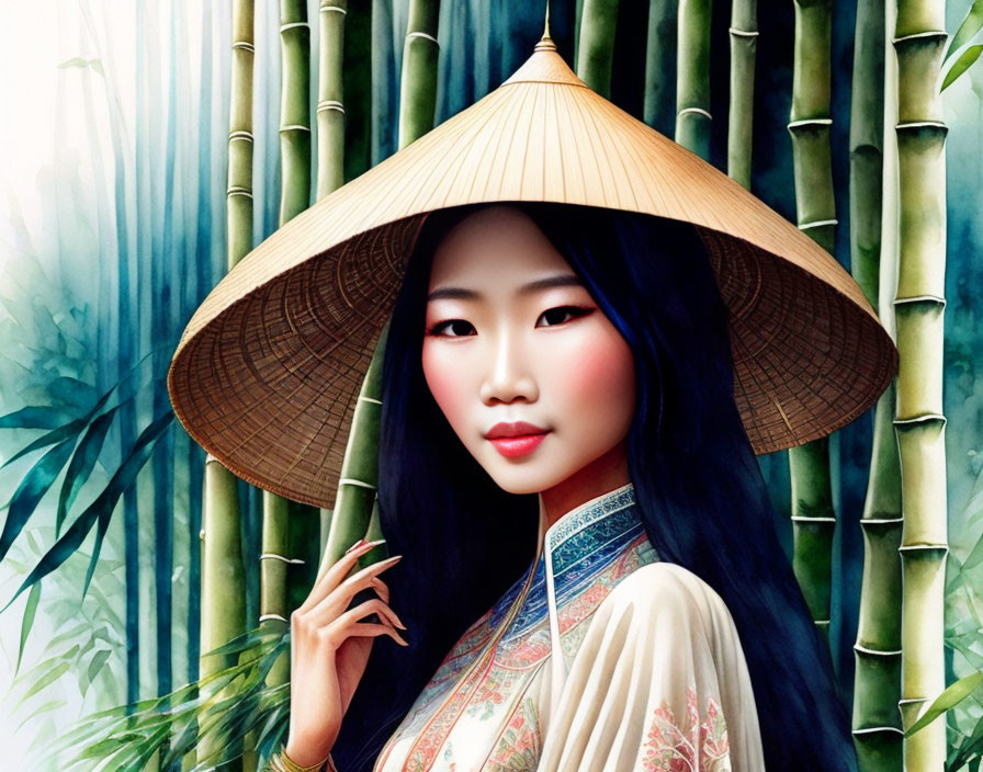 Digital artwork: Woman in Asian conical hat, white outfit with red floral patterns, bamboo background