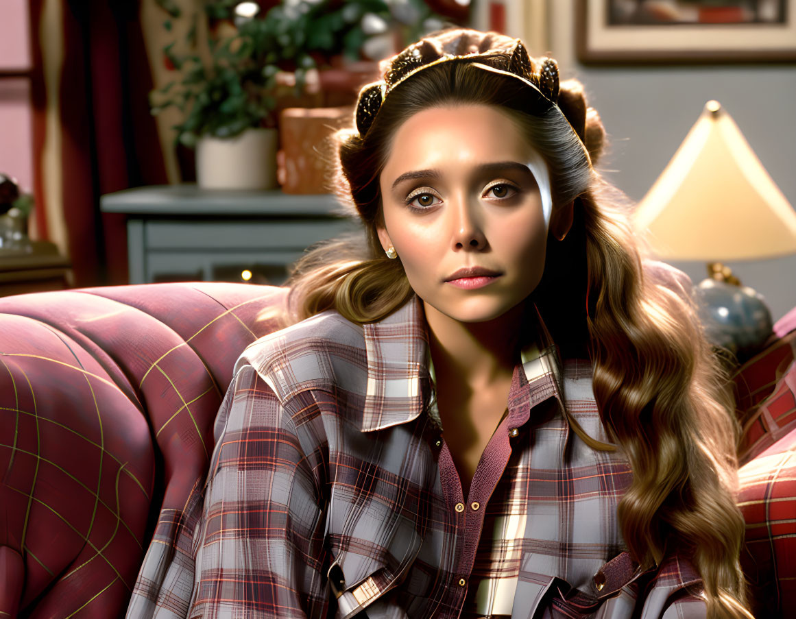 Woman with long wavy hair and crown headband in cozy room on red couch