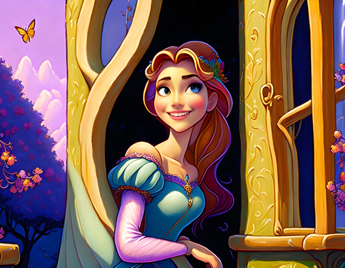 Animated princess with long hair in golden window surrounded by purple flowers under twilight sky.